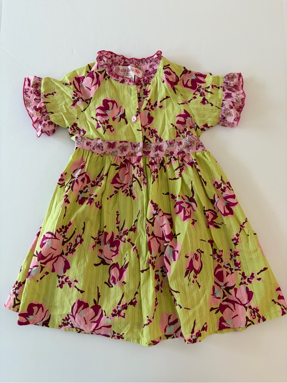 Baby Lulu Girls Lime Green Dress with Pink Florals Ruffle Sleeves 100% Cotton 4T